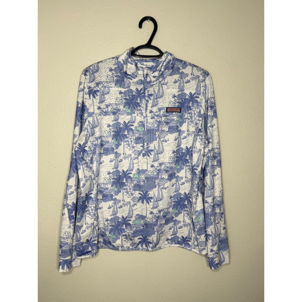 Vineyard Vines Shep Shirt Womens Large Blue White Sailboat Coastal Toile 1/4 Zip